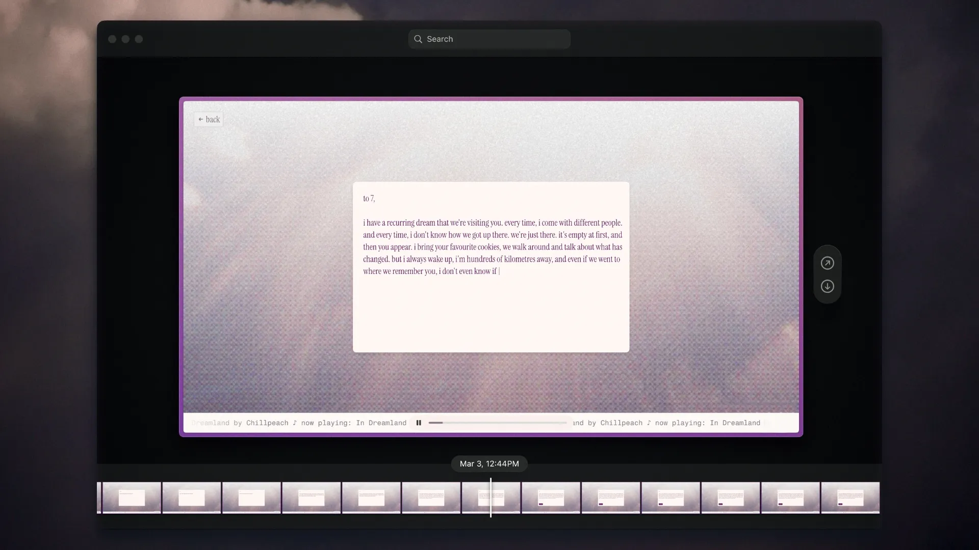 A screenshot of the 'Orbit' app interface displaying a text message. The background features soft, muted colors, and there is a play button and a timestamp at the bottom.