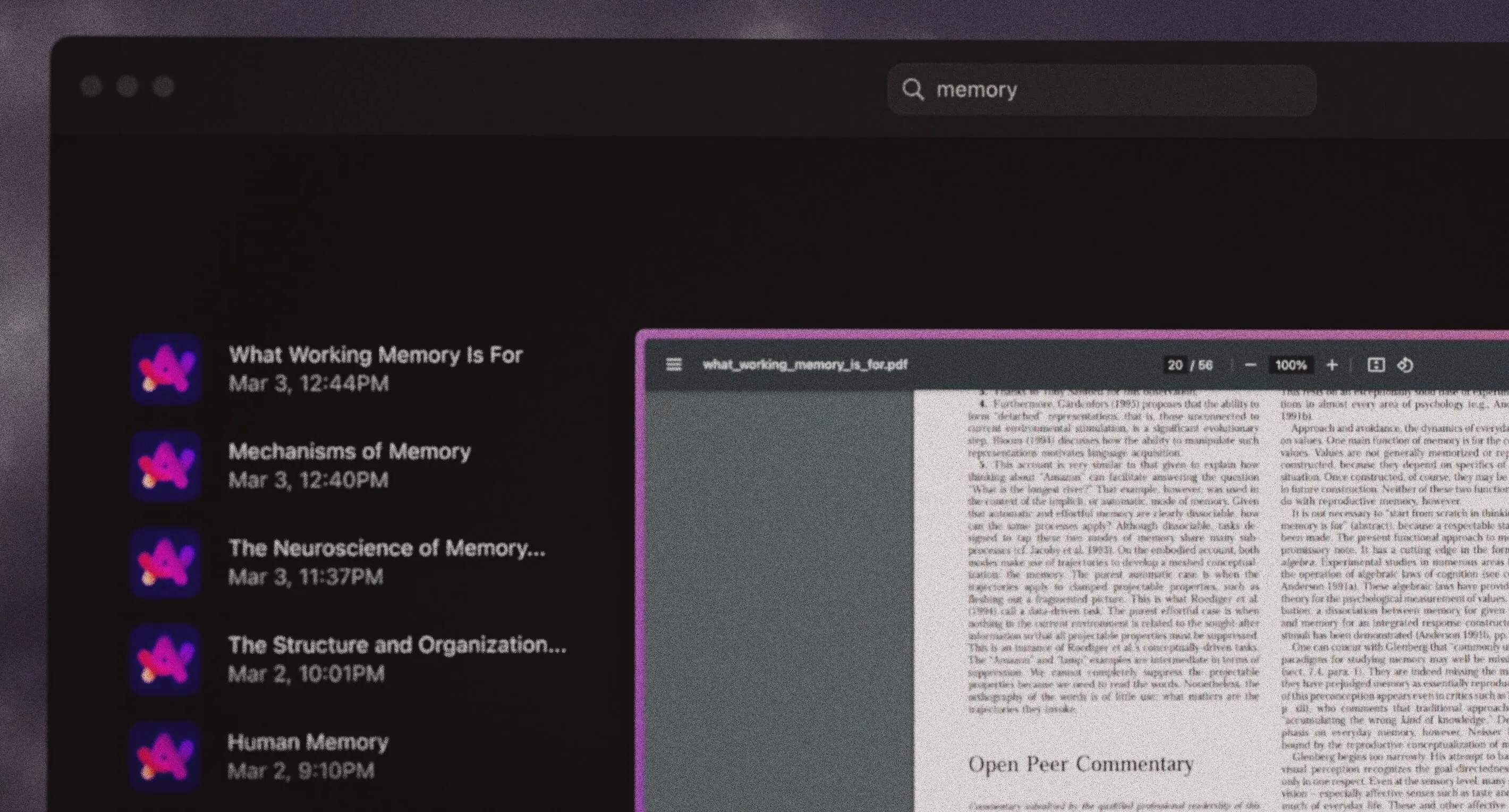 A screenshot of the 'Orbit' app featuring a PDF viewer. The document displays text on memory, with navigation options visible at the top and a list of recent documents on the left side.